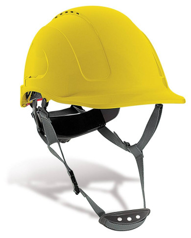 Mod. "MOUNTAIN". Casco de protección ABS cierre ruleta, arnés textil 6 puntos y barbiquejo. Color Amarillo STEELPRO