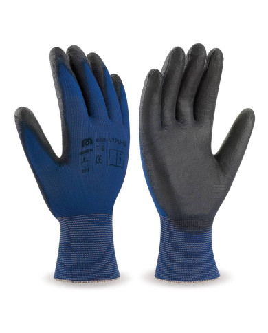 Guante de nylon azul ultra-fino con recubrimiento poliuretano negro MARCA