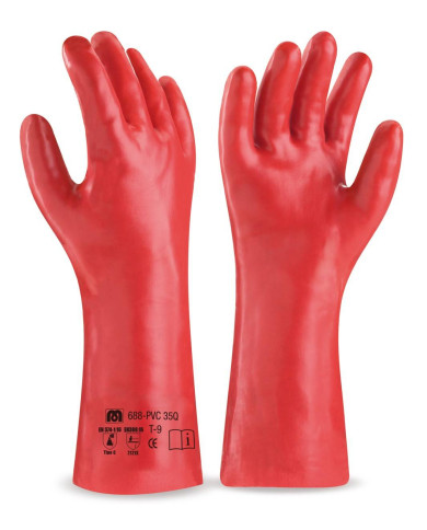 Guante largo de PVC estanco de 35 cm. rojo para riesgos mecánicos, químicos y microorganismos MARCA