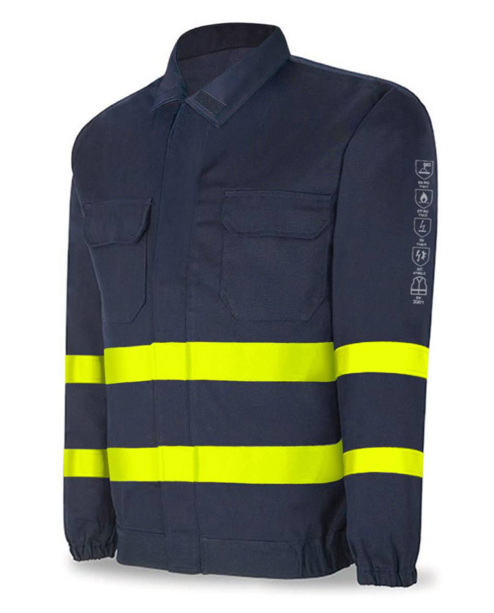 Chaqueta IGNÍFUGA y ANTIESTÁTICA multinorma con cintas reflectantes. Algodón 260 gr MARCA