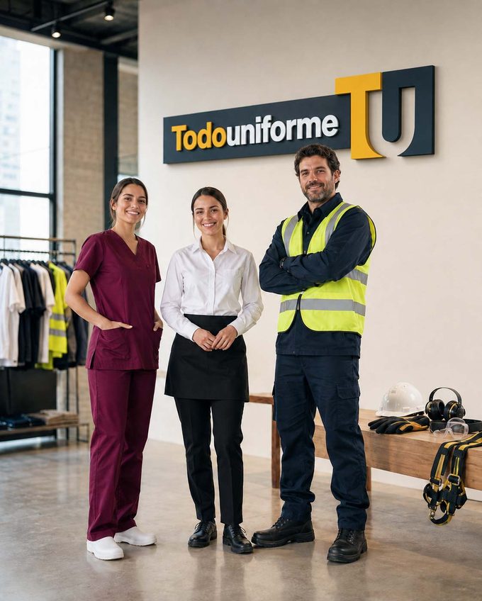Tres profesionales posando en la tienda de Todouniforme bajo el rótulo de la marca: una sanitaria con casaca y pantalón burdeos, una camarera con camisa blanca y delantal negro, y un operario con chaleco reflectante amarillo sobre uniforme azul marino.
