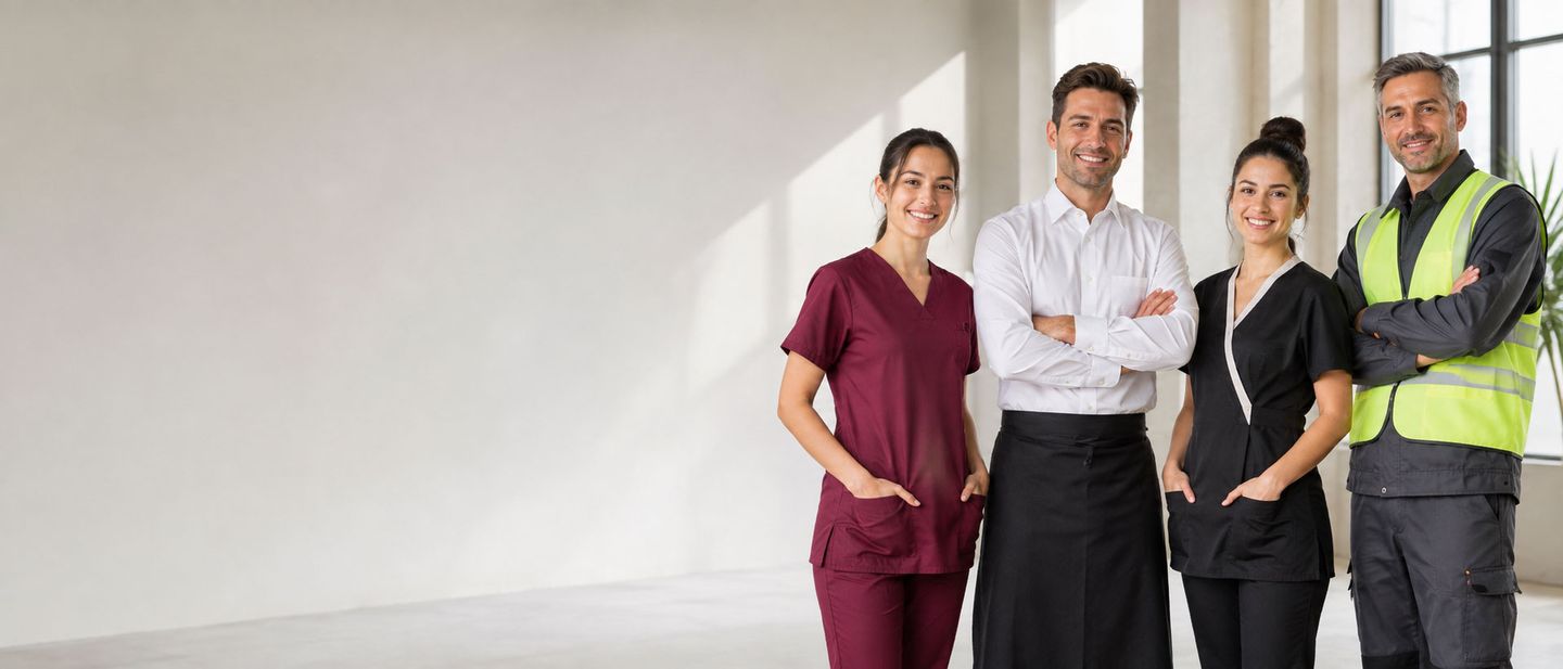Cuatro profesionales con su uniforme de trabajo en una nave diáfana: una sanitaria con casaca burdeos, un cocinero con camisa blanca y delantal negro, una camarera con uniforme negro y un operario con chaleco reflectante amarillo.